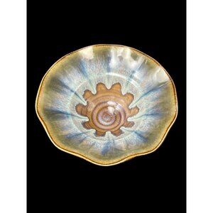 Bill Campbell Signed Art Pottery 8" x 3.5" Bowl Fluted Edge Drip Glaze Pedestal